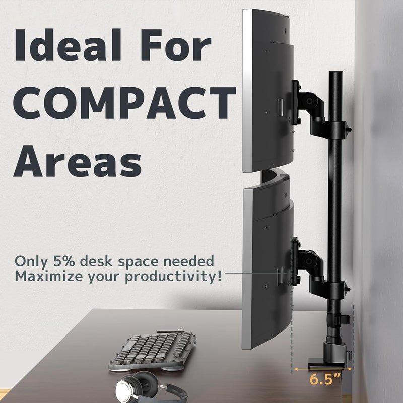 Putilsen Mount Dual Monitor-Arm Ultrawide Heavy Duty - 24-57 inch Vertical Dual Monitor Mount, Adjustable Stacked Double Monitor Desk Mount Stand, Max Load 59.4 lbs (per Screen), VESA 75 100 mm, Black - Image 3